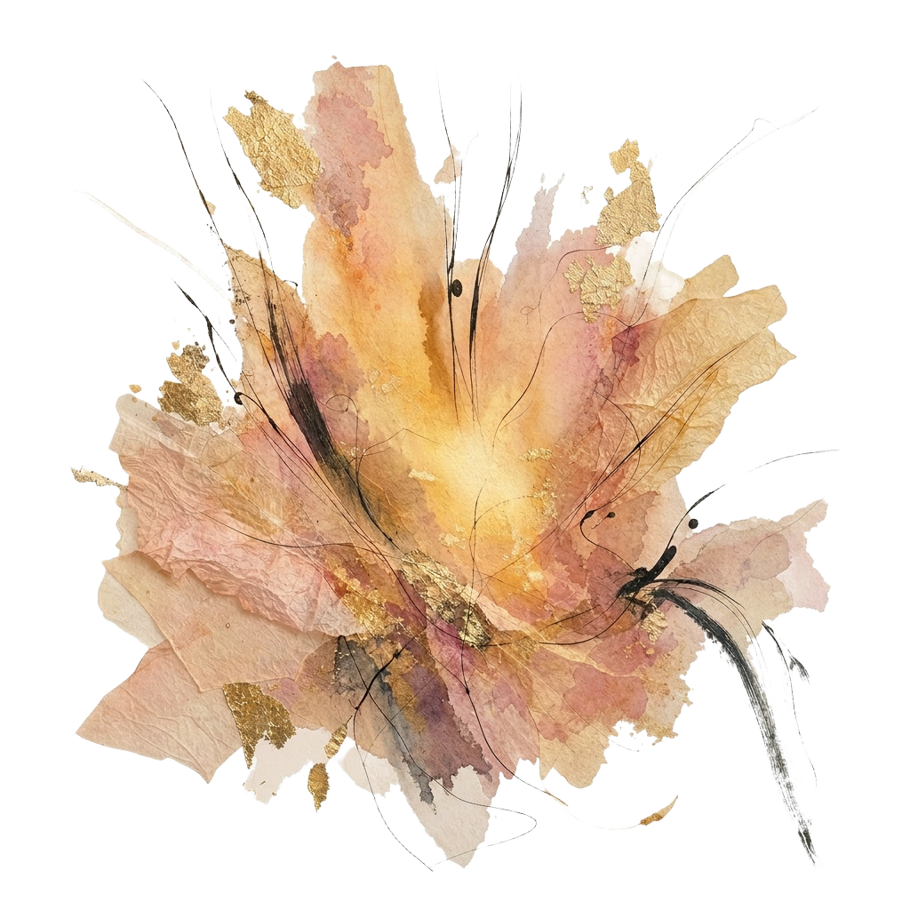 Abstracte inkt- en watercolorschets: een warm gouden gloed van binnenuit, met rafelige randen op crèmepapier