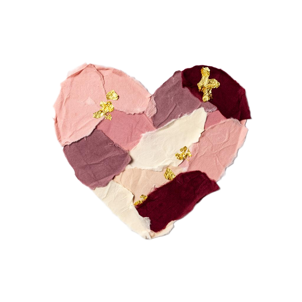 Papercut collage van een hart in roze, mauve en bordeaux met bladgoud