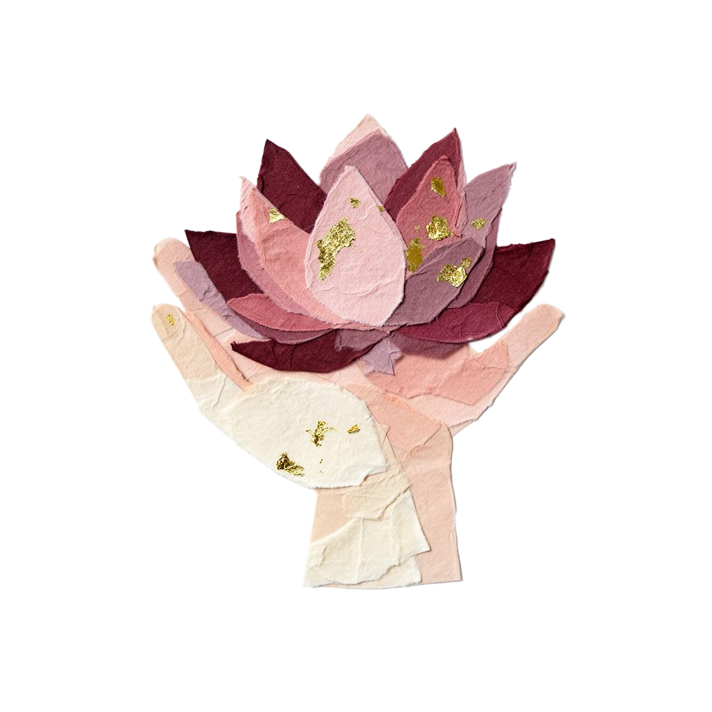 Papercut collage van een open hand die een lotusbloem draagt